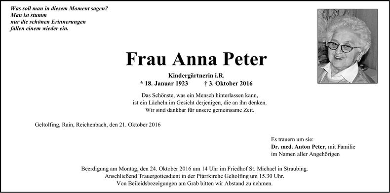 Traueranzeige Anna Peter