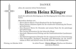 Traueranzeige Heinz Klinger