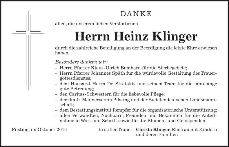 Traueranzeige Heinz Klinger