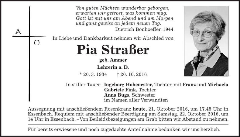 Traueranzeige Pia Straßer