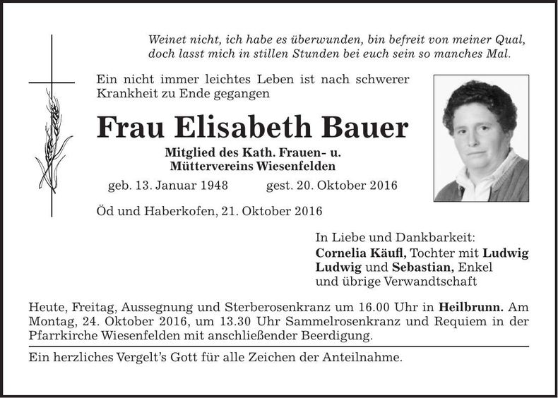 Traueranzeige Elisabeth Bauer