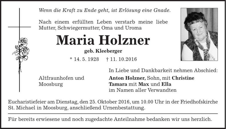 Traueranzeige Maria Holzner