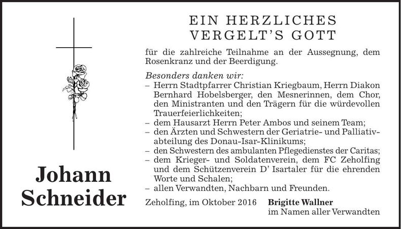 Traueranzeige Johann Schneider