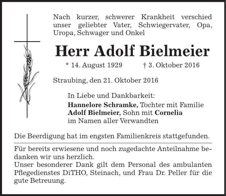 Traueranzeige Adolf Bielmeier