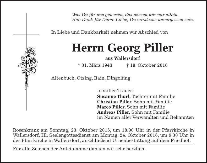 Traueranzeige Georg Piller
