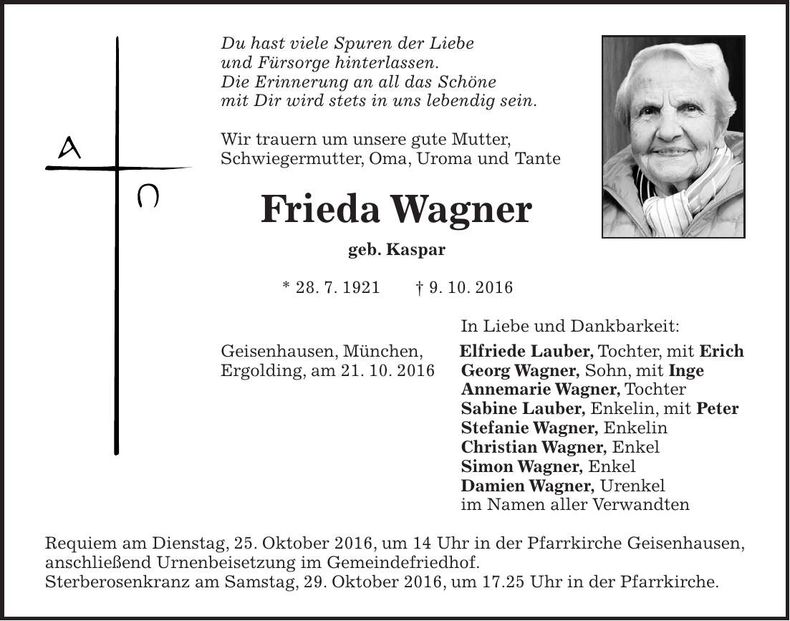 Traueranzeige Frieda Wagner