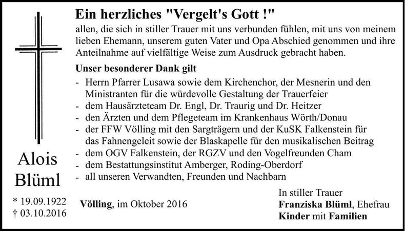 Traueranzeige Alois Blüml