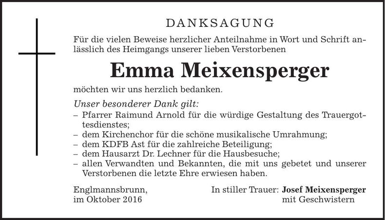 Traueranzeige Emma Meixensperger