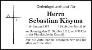 Traueranzeige Sebastian Kisyma