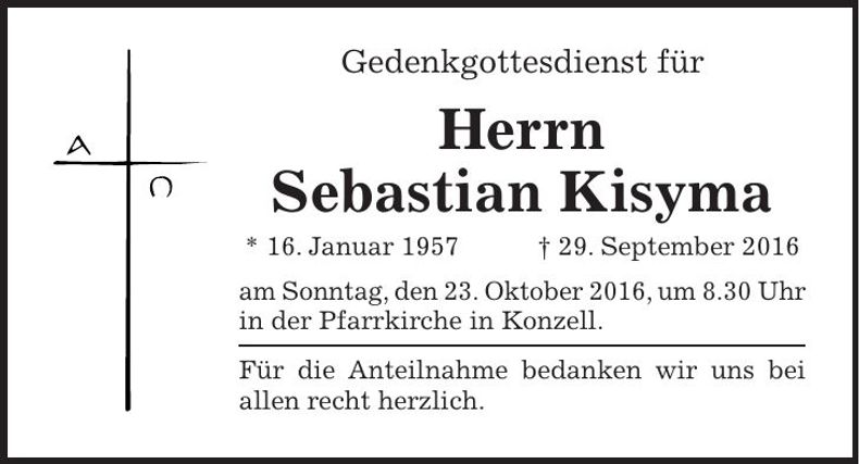 Traueranzeige Sebastian Kisyma