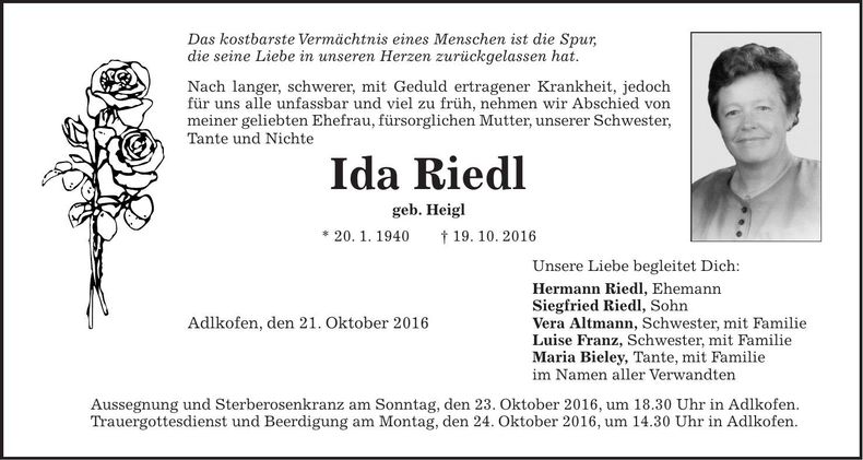 Traueranzeige Ida Riedl