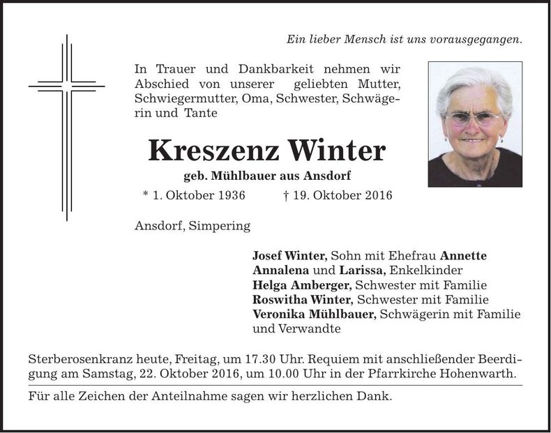 Traueranzeige Kreszenz Winter