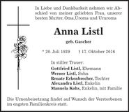 Traueranzeige Anna Listl