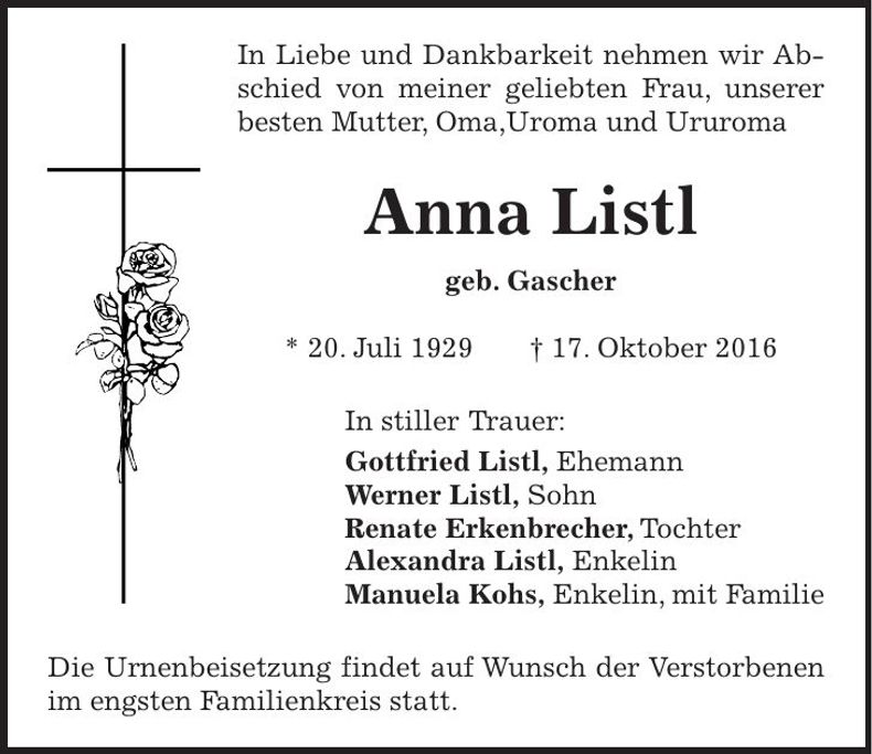 Traueranzeige Anna Listl