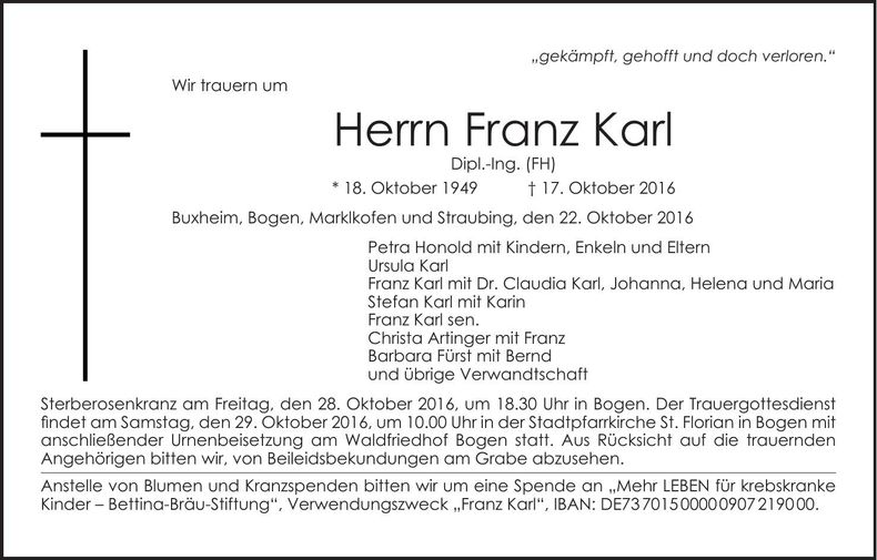 Traueranzeige Franz Karl