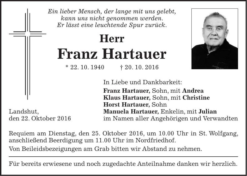 Traueranzeige Franz Hartauer