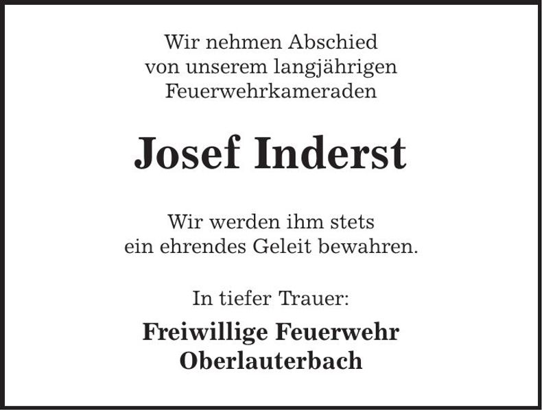 Traueranzeige Inderst Josef