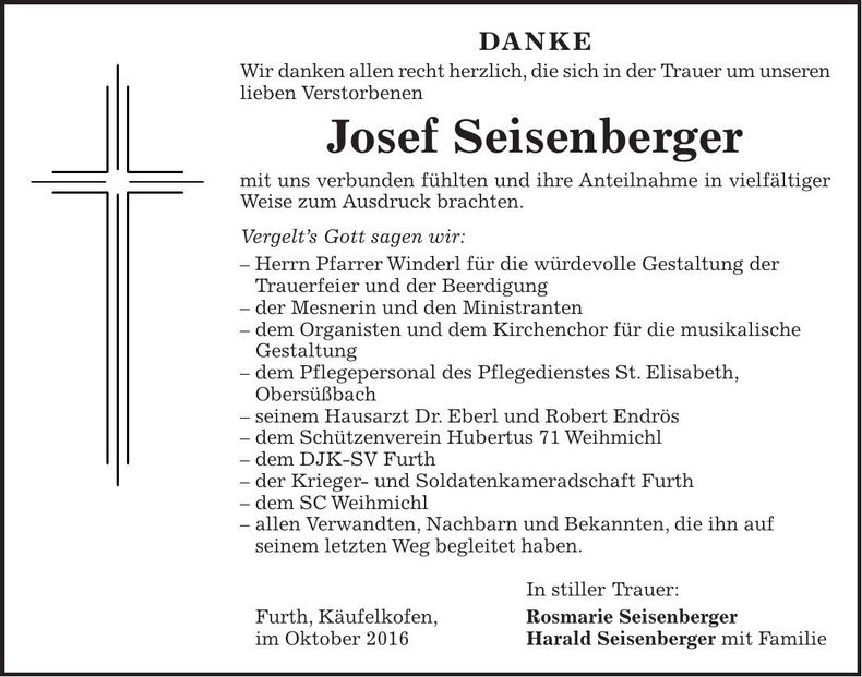 Traueranzeige Josef Seisenberger