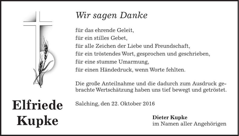 Traueranzeige Elfriede Kupke