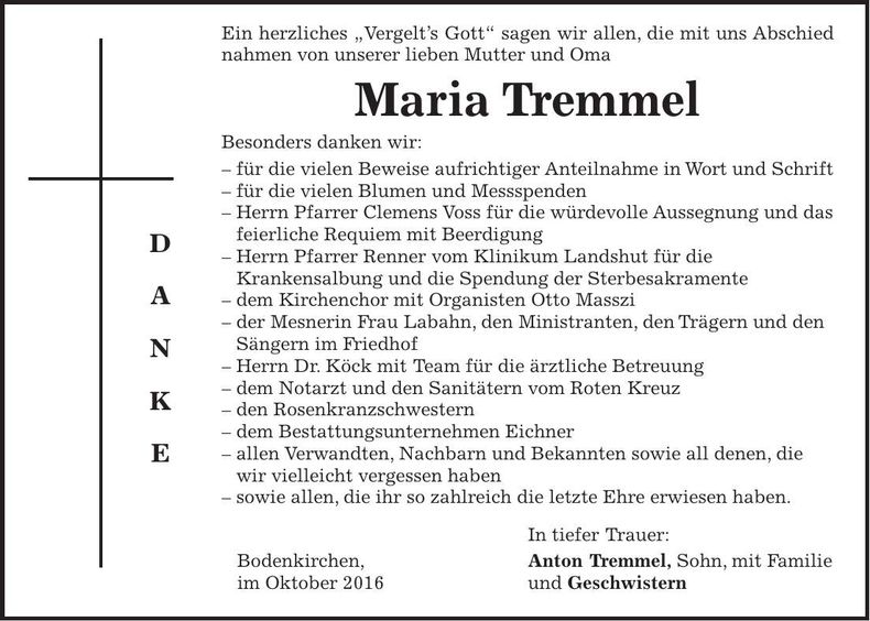 Traueranzeige Maria Tremmel