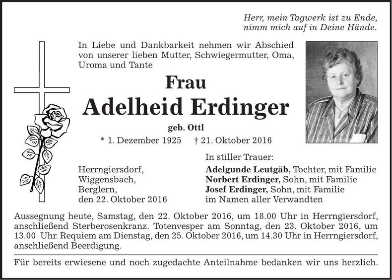 Traueranzeige Adelheid Erdinger