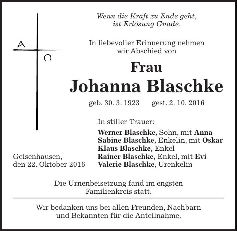 Traueranzeige Johann Blaschke