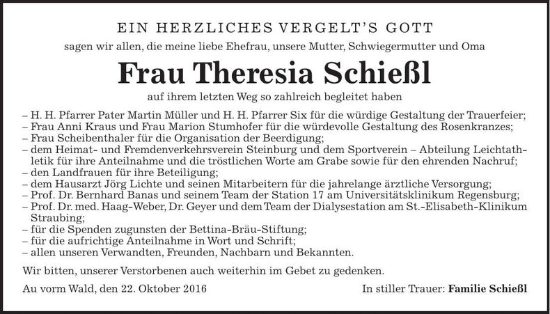 Traueranzeige Theresia Schießl