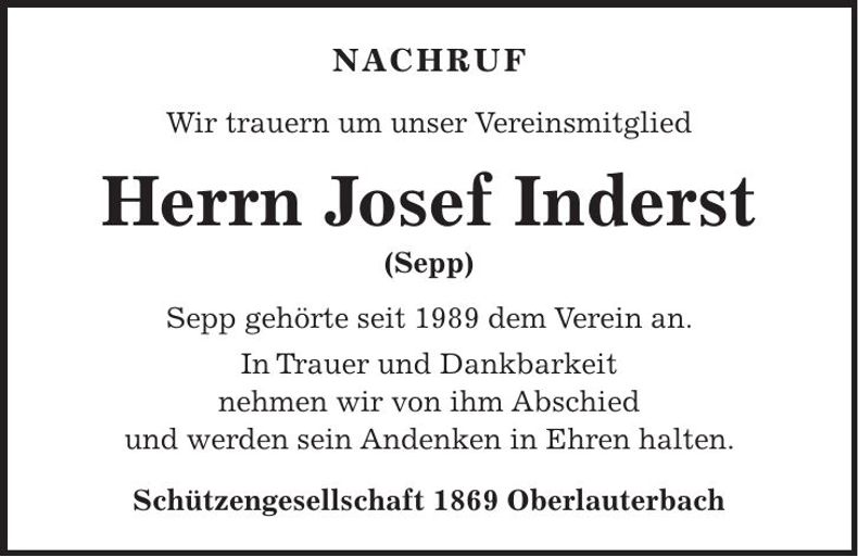 Traueranzeige Josef Inderst