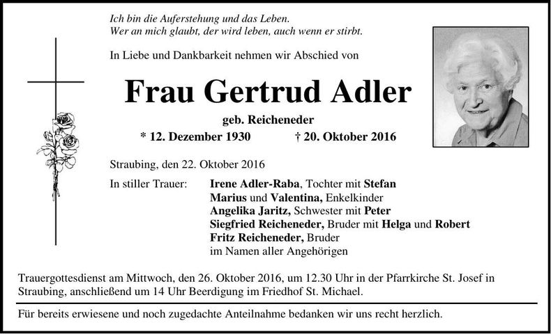 Traueranzeige Gertrud Adler
