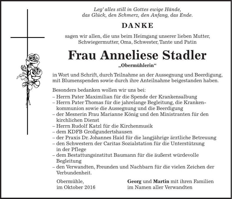 Traueranzeige Anneliese Stadler