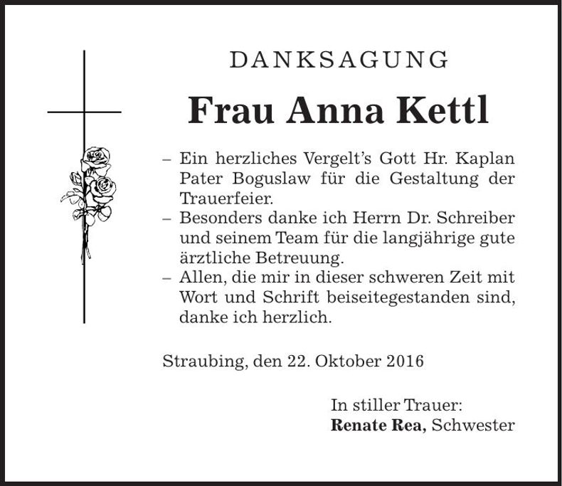Traueranzeige Anna Kettl