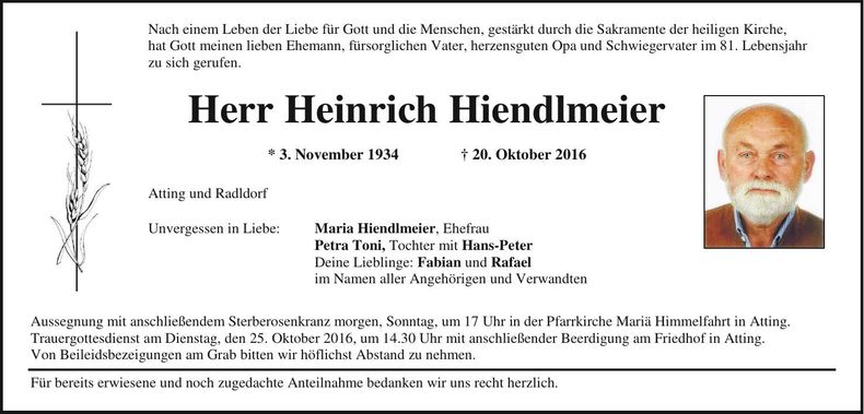 Traueranzeige Heinrich Hiendlmeier