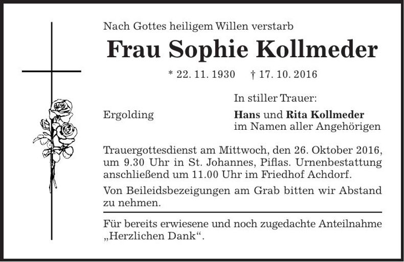 Traueranzeige Sophie Kollmeder
