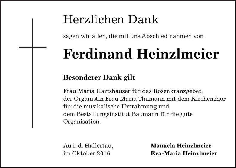 Traueranzeige Ferdinand Heinzlmeier