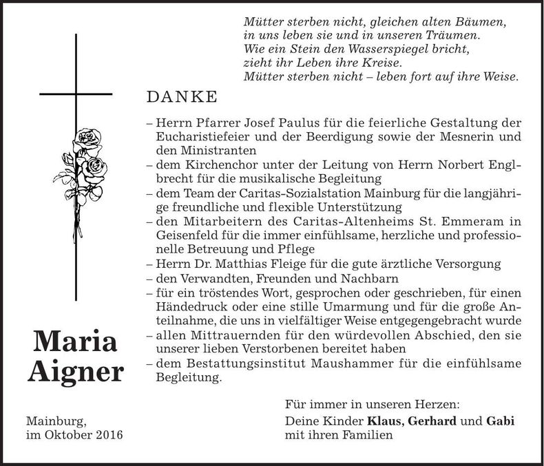 Traueranzeige Maria Aigner