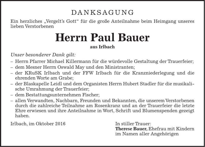 Traueranzeige Paul Bauer