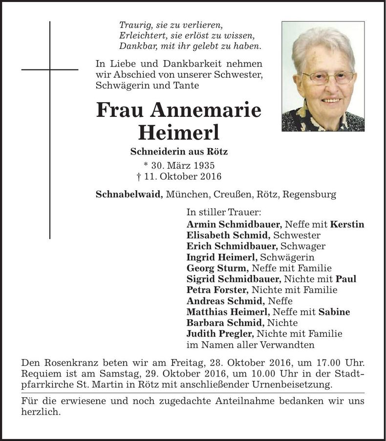 Traueranzeige Annemarie Heimerl