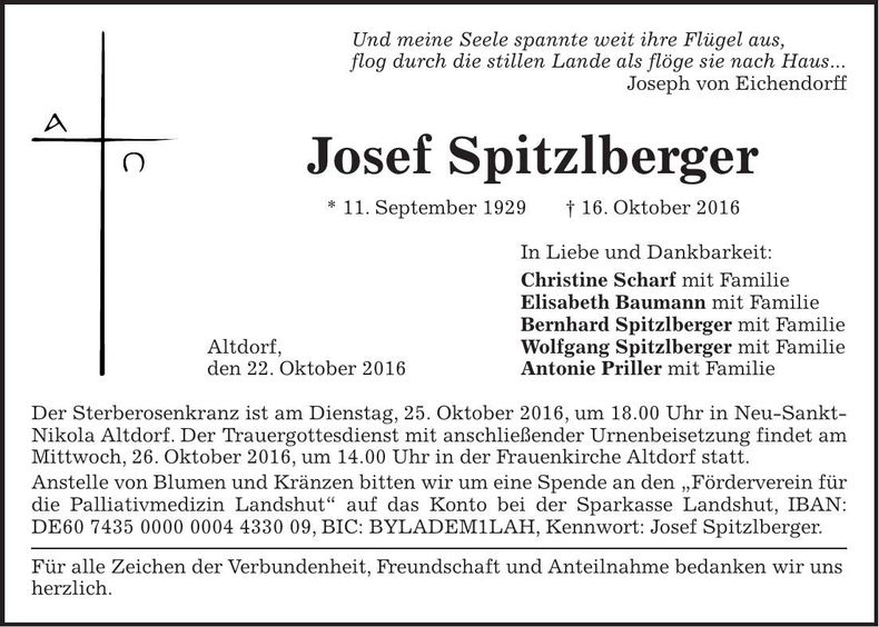 Traueranzeige Josef Spitzlberger
