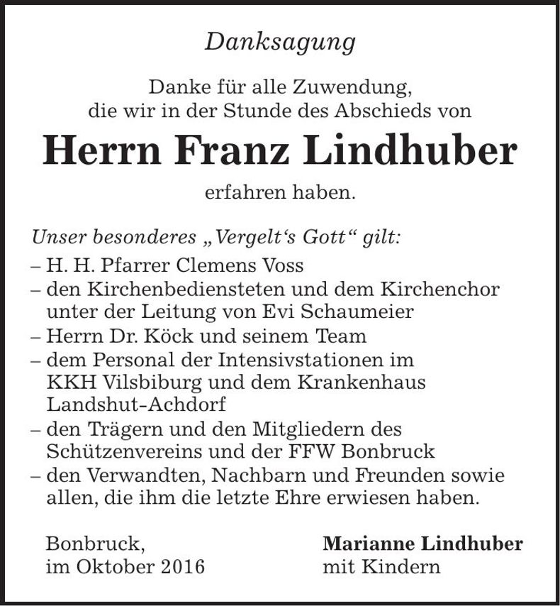 Traueranzeige Franz Lindhuber