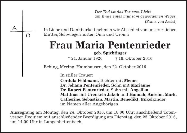Traueranzeige Maria Pentenrieder