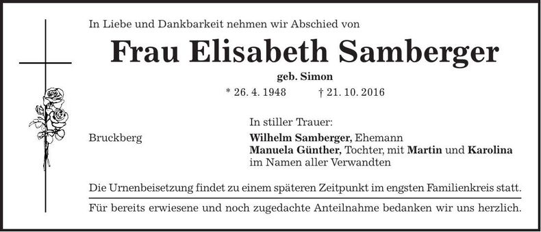 Traueranzeige Elisabeth Samberger