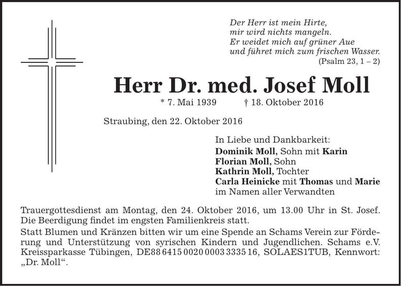 Traueranzeige Dr. med. Josef Moll