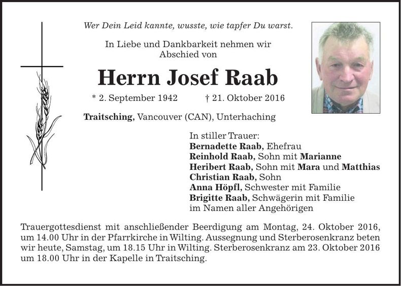 Traueranzeige Josef Raab