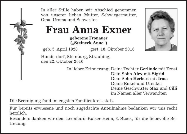 Traueranzeige Anna Exner