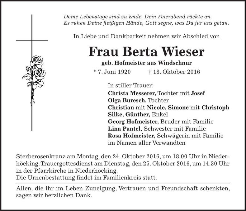 Traueranzeige Berta Wieser