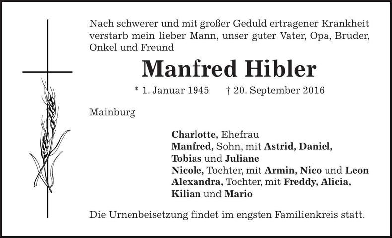 Traueranzeige Manfred Hibler