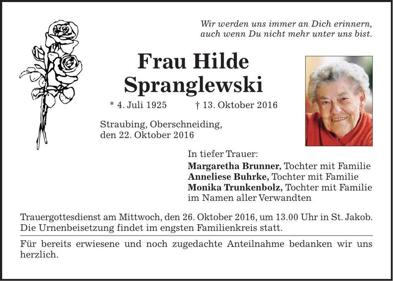 Traueranzeige Hilde Spranglewski