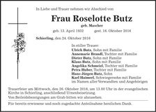Traueranzeige Roselotte Butz