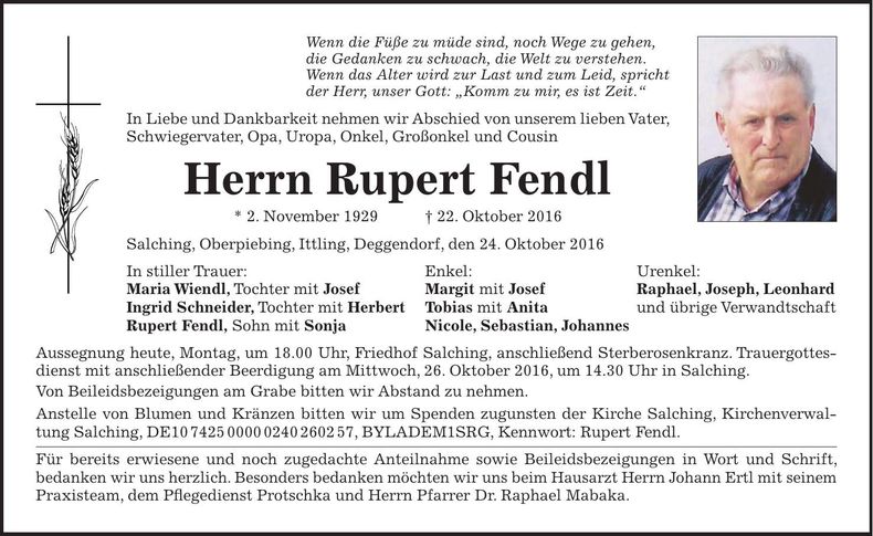 Traueranzeige Rupert Fendl