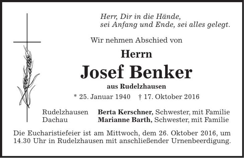 Traueranzeige Josef Benker